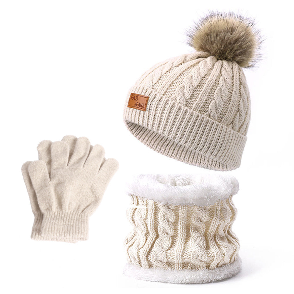 Wholesale Winter Baby Infant Child Warm Plus Velvet Thickened Scarf Pompom Hat Two-piece Set