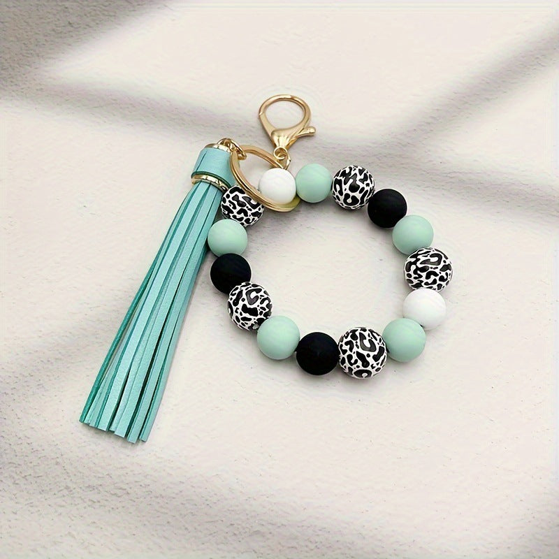Wholesale 5pcs Leopard Print White Base Wood Beads Wristlet Keychain