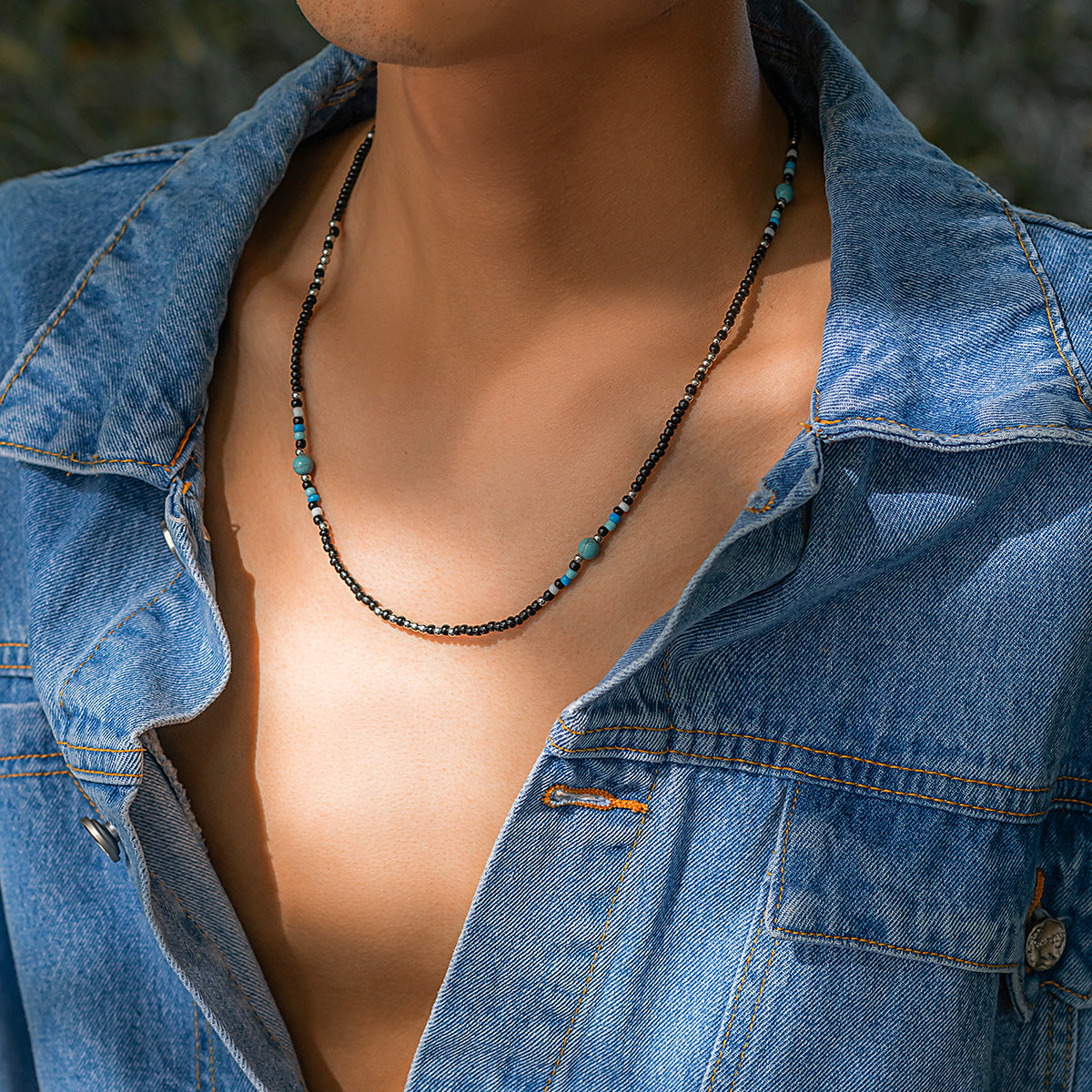 Wholesale Bohemian rice bead necklace men's turquoise clavicle necklace