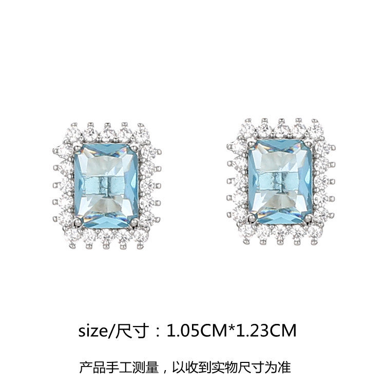 Wholesale Shallow Sea Blue Rectangular S925 Sterling Silver Stud Earrings