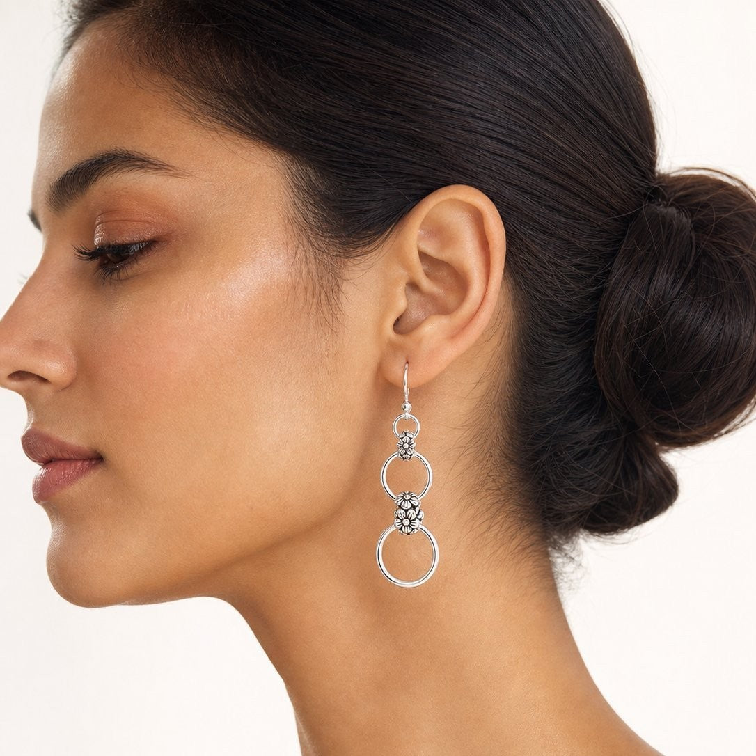 Wholesale Silver Tone Ethnic Flower Hoop Dangle Earrings With Double Chain Long Fashion Jewelry For Everyday Wear