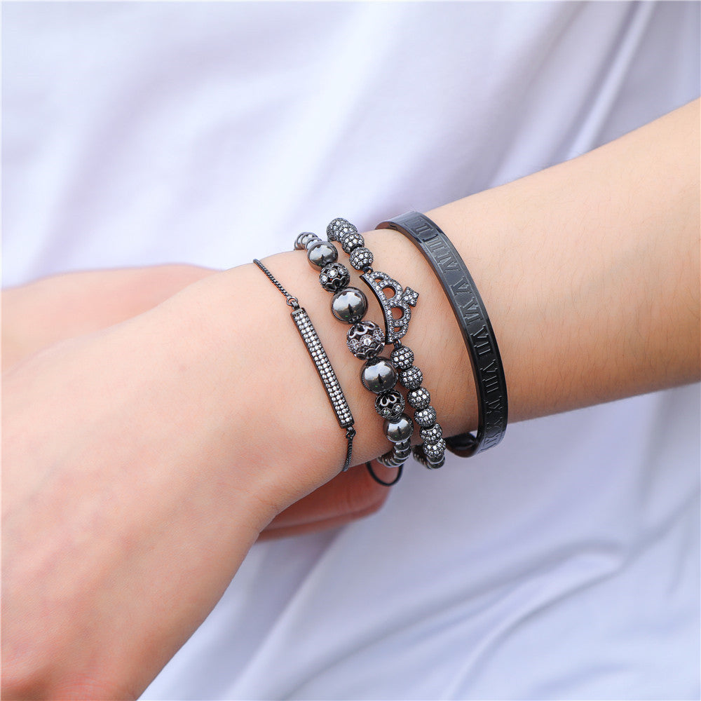 Wholesale Copper Micro-inlaid Zircon Double Leopard Head Black Onyx Woven Bracelet