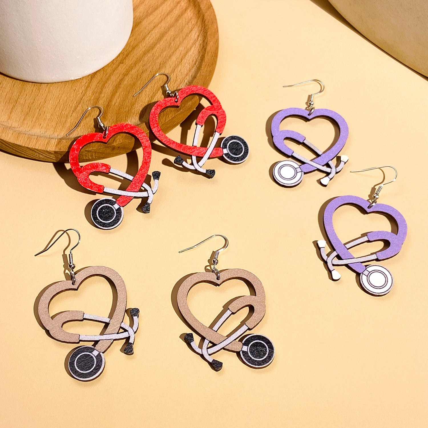 Wholesale Color Stethoscope Shaped Wooden Heart Earrings