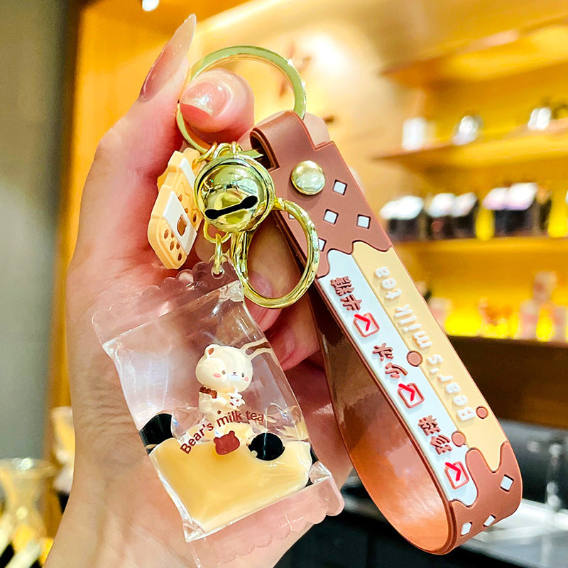 Wholesale bubble tea keychain floating small bear liquid quicksand pendant