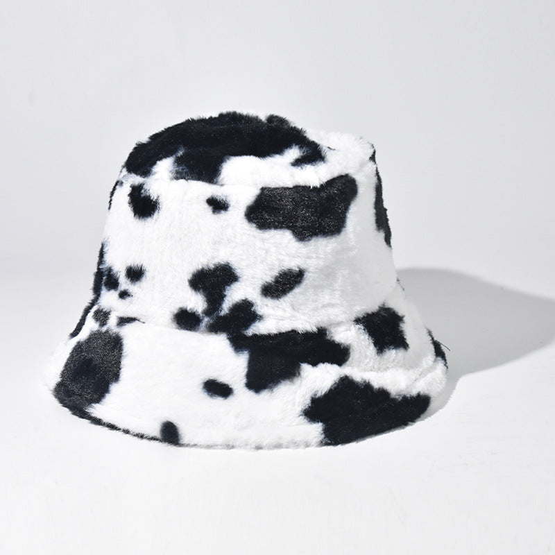 Wholesale Black and White Cow Pattern Plush Bucket Hat