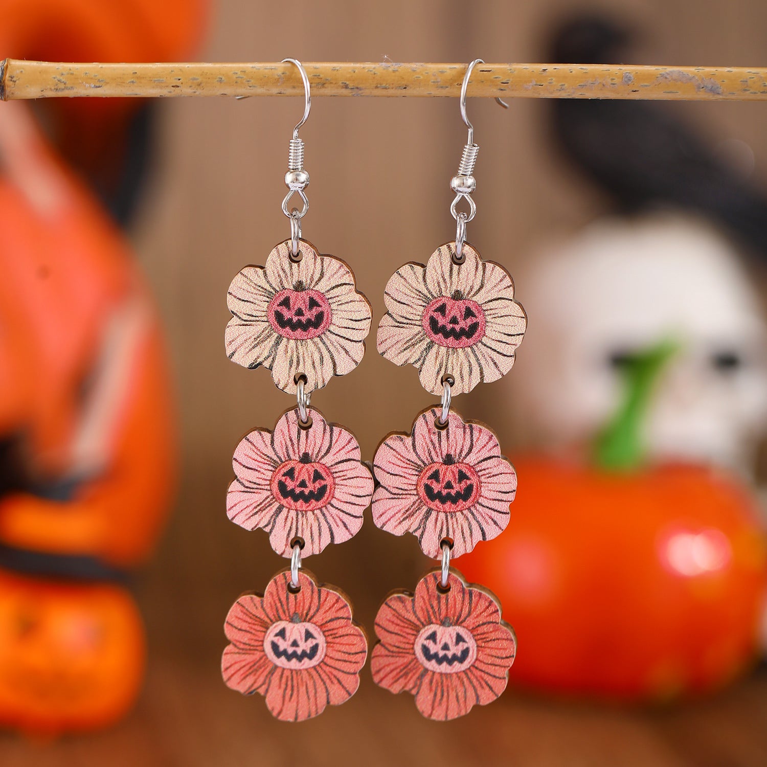 Wholesale Halloween Printed Colorful Pumpkin Skull Ghost Gift Creative Splicing Wooden Earrings