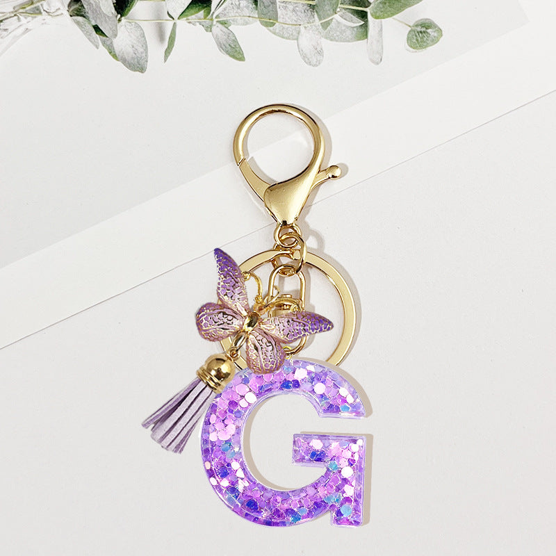 Wholesale Pink sequined butterfly 26 letter Sequin Keychain
