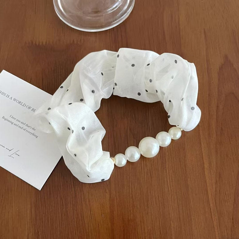 Wholesale  Satin Tulle Polka Dot Pleated  Pearl  Hair Scrunchie