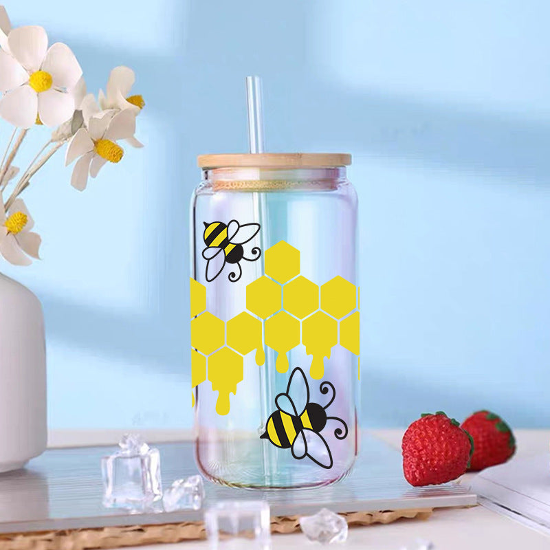 Wholesale Colorful bee flowers 16oz Cup UV DTF Wraps