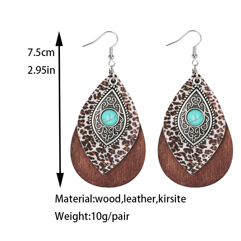 Wholesale Blue Turquoise Alloy Wood Leather Multi Layer Combination Earrings