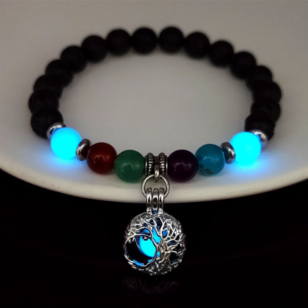 Wholesale 8mm Volcanic Stone Life Tree  Colorful Agate Yoga Luminous Bracelet