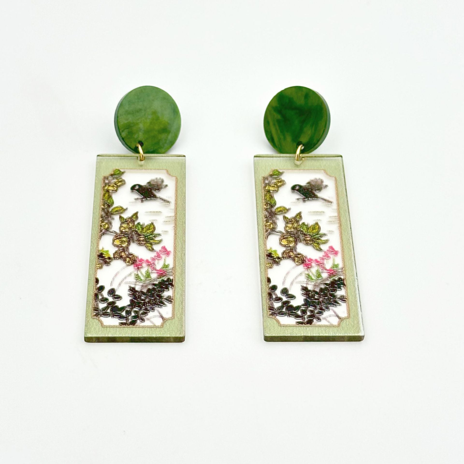 Wholesale Chinese Style Bamboo Flower Standing Print Acrylic Earrings