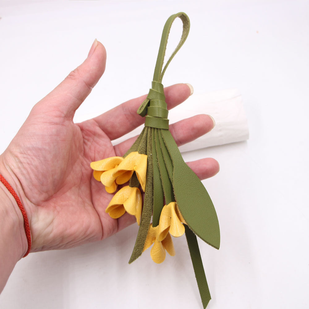 Wholesale Handwoven Golden Osmanthus Flower Keychain PU Leather Bag Charm Fashion Accessory Boutique Resale