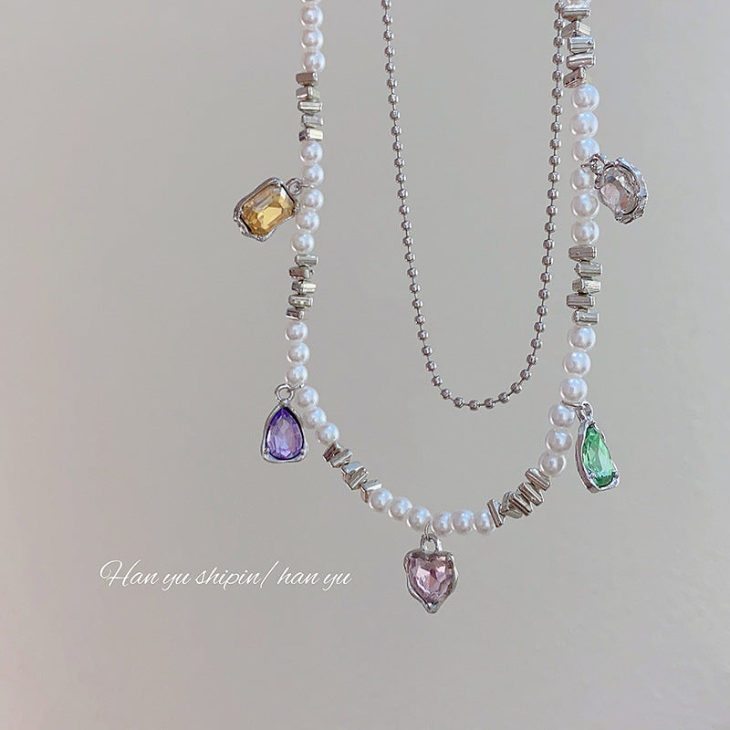 Wholesale Double Layer Pearl Heart Color Crystal Necklaces