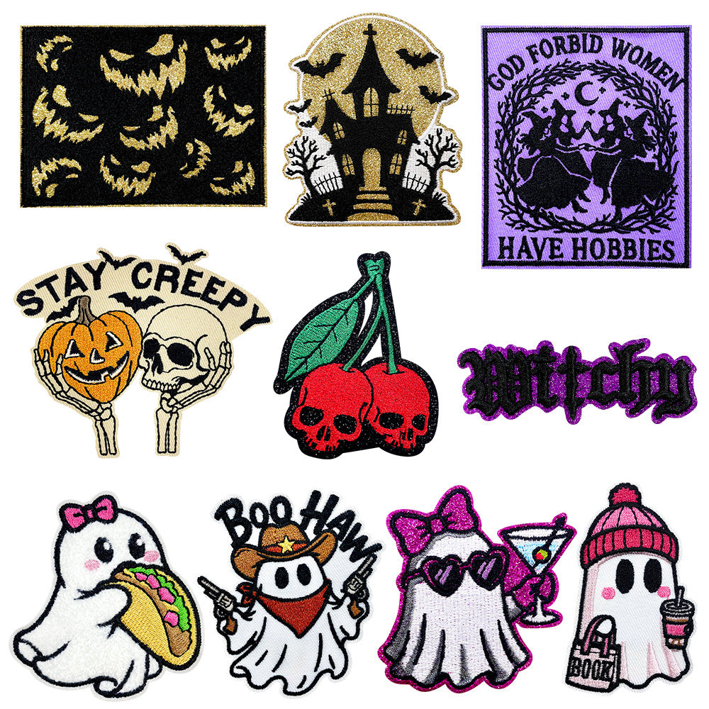 Wholesale  Embroidered Sequin Patches Ghost Witch Pumpkin Skull Haunted House Designs DIY Fashion Accessory For Coats And Clothing