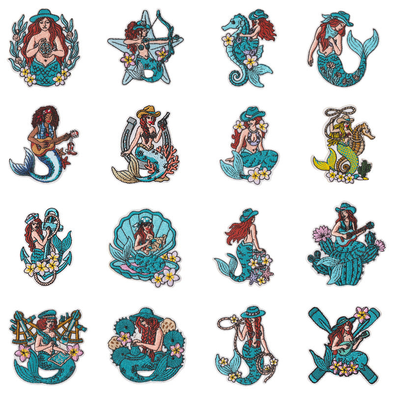 Wholesale West Coast Retro Mermaid Adhesive Embroidered Patches Guitar Cactus Nautical Design For Coat Repair Chic Craft Supply Boutique Resale