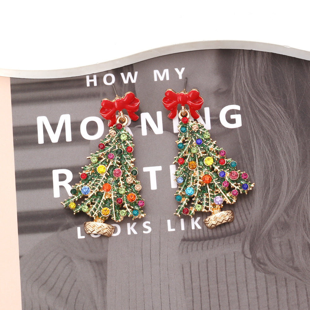 Wholesale Alloy Drip Oil Bow Christmas Tree Colored Diamond Earrings
