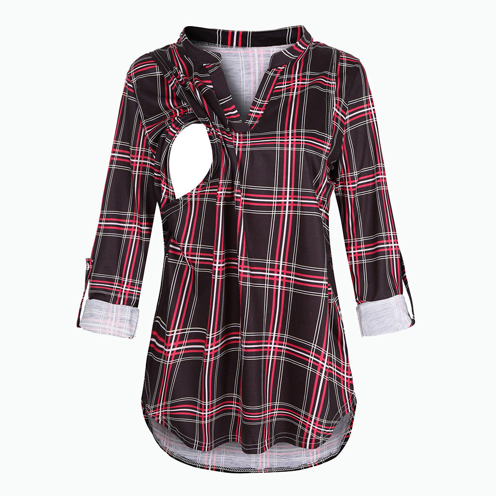 Wholesale Plaid Printed Nursing V-neck Polyester Long Sleeved Top