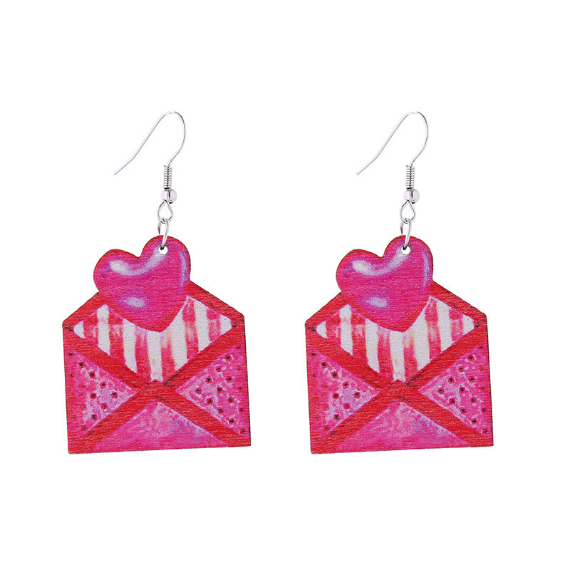 Wholesale Leopard Print Heart Pink Envelope Valentine's Day Wooden Earrings