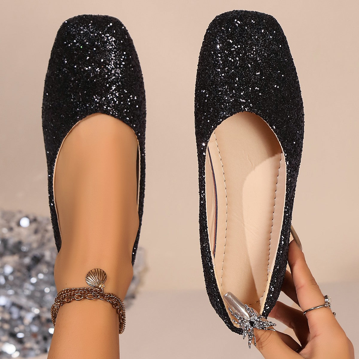 Wholesale New summer square toe shallow flat heel sequined moccasins