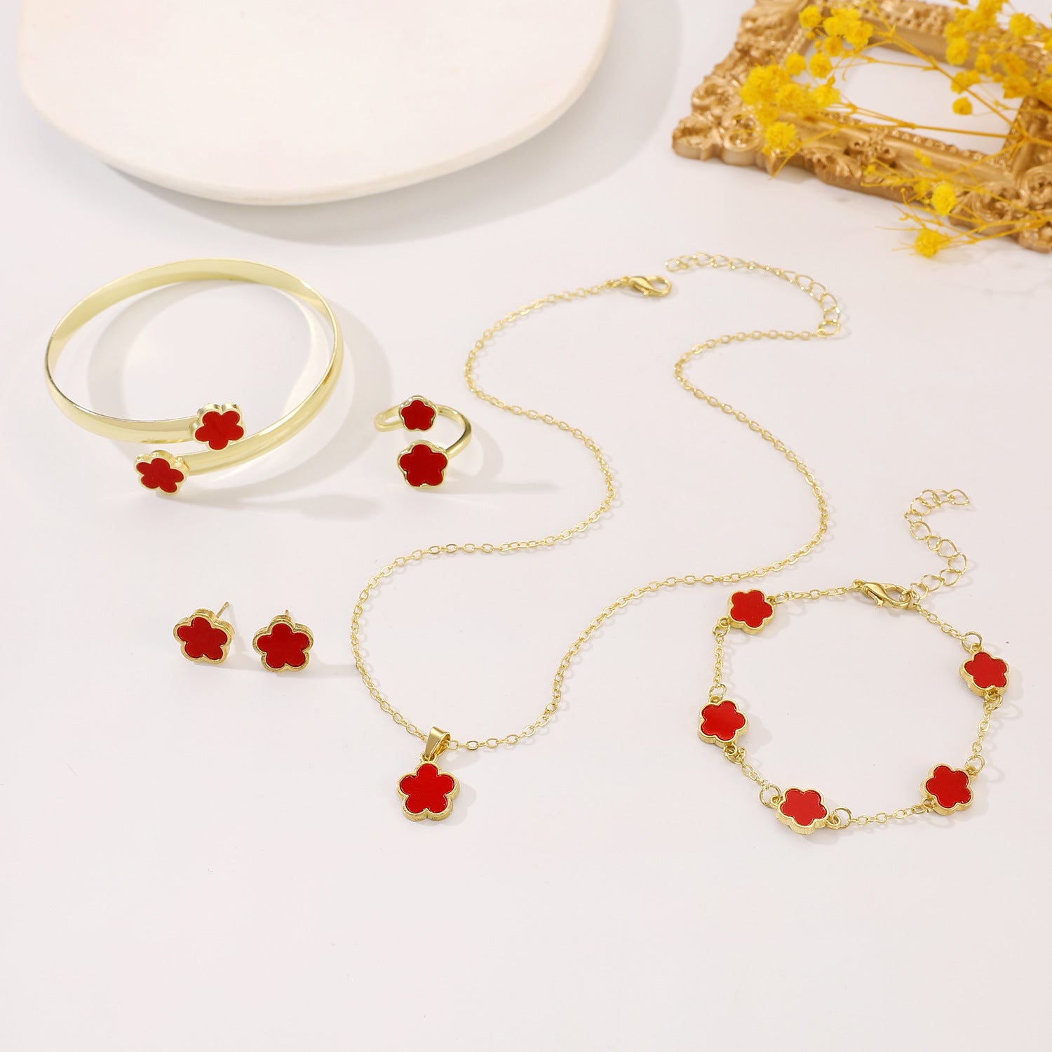 Wholesale 5pcs Clover Bracelet Bracelet Stud Earrings Necklace Ring Women's Jewelry Set