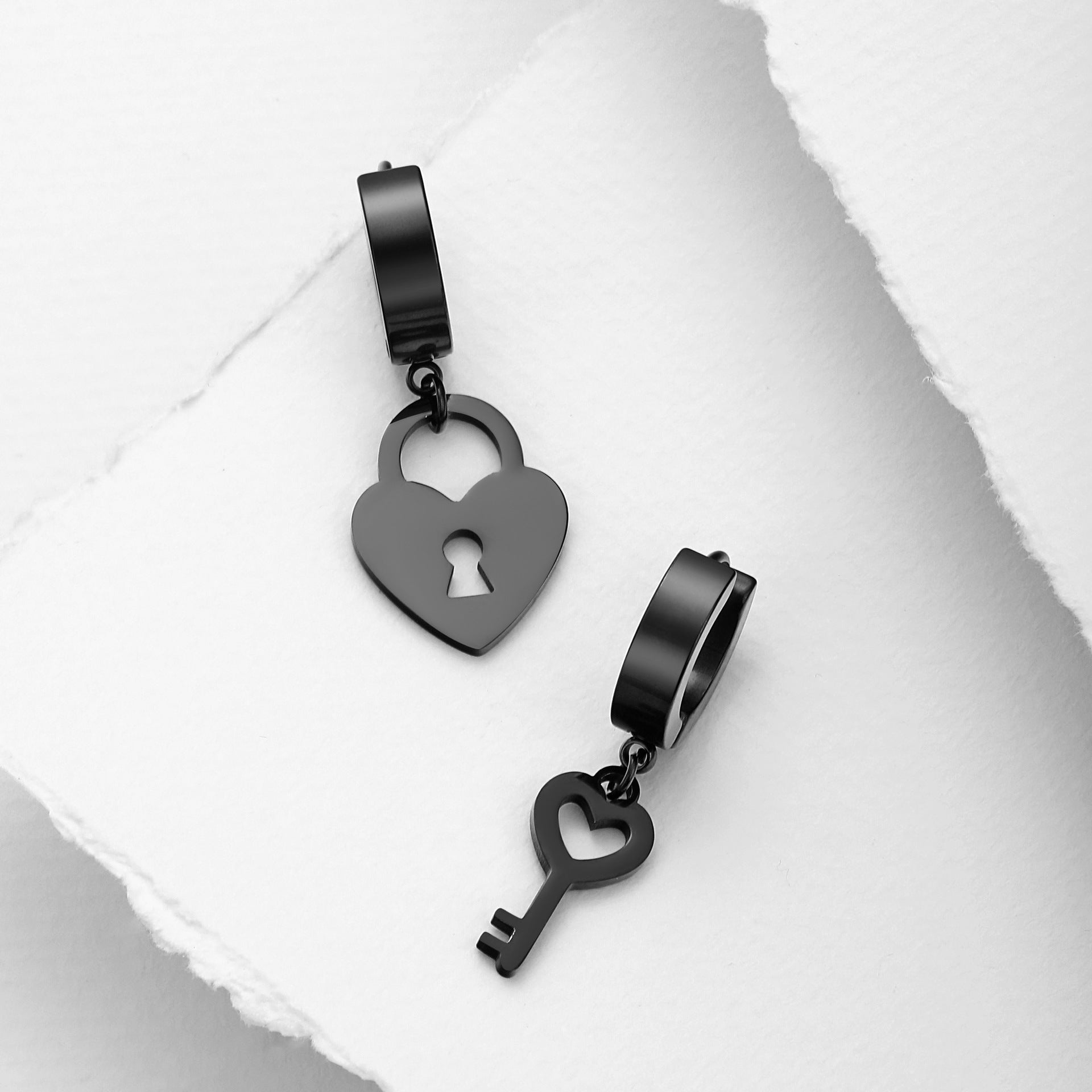 Wholesale Cut Heart Lock Combination Asymmetric Pendant Stainless Steel Earrings