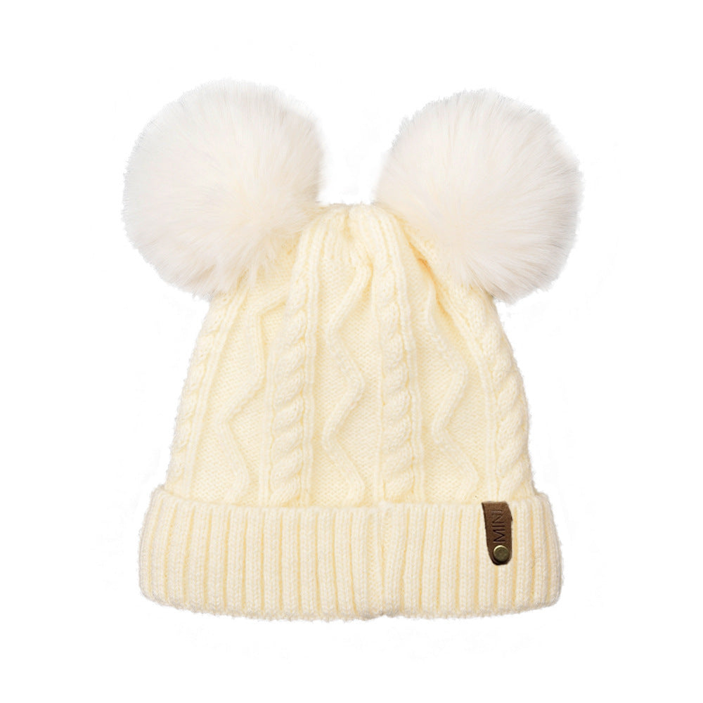 Wholesale Autumn and Winter Fleece Leather Label MINI Double Wool Ball Outdoor Warm Detachable Knitted Hat