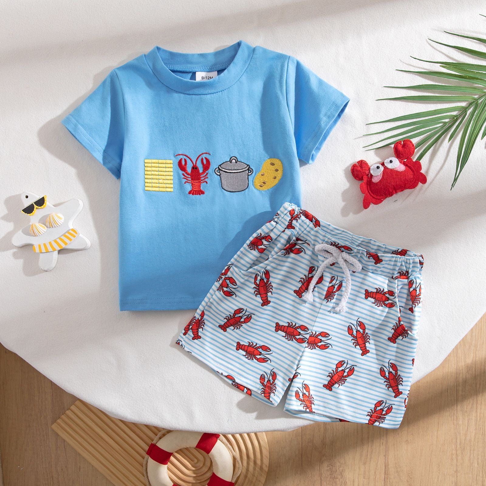 Wholesale Chic Unisex Kids Summer Two Piece Set Korean Style Short Sleeve With Lobster Embroidery Casual Outfit For Toddlers Boutique Resale
