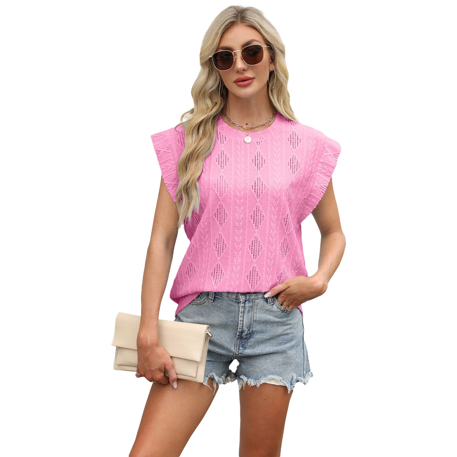Wholesale spring and summer new round neck loose short sleeve T-shirt jacquard jacket vest women