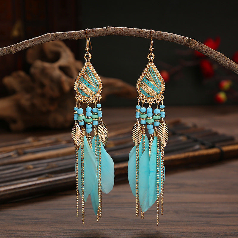 Wholesale Feather Bohemian Long Tassel Earrings