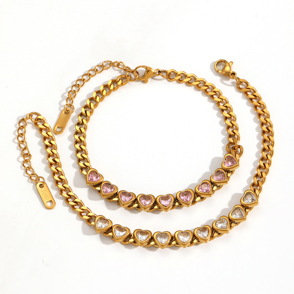 Wholesale Tennis chain with diamond studded heart-shaped stainless steel bracelet