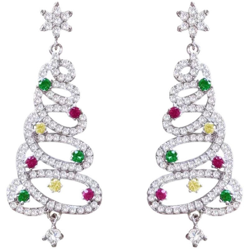 Wholesale New Colorful Diamond-encrusted Christmas Tree Trendy Personality Silver Pin Stud Earrings