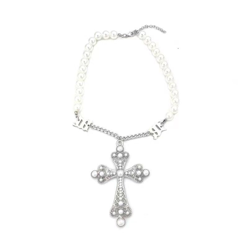 Wholesale Punk style pearl exaggerated cross pendant necklace