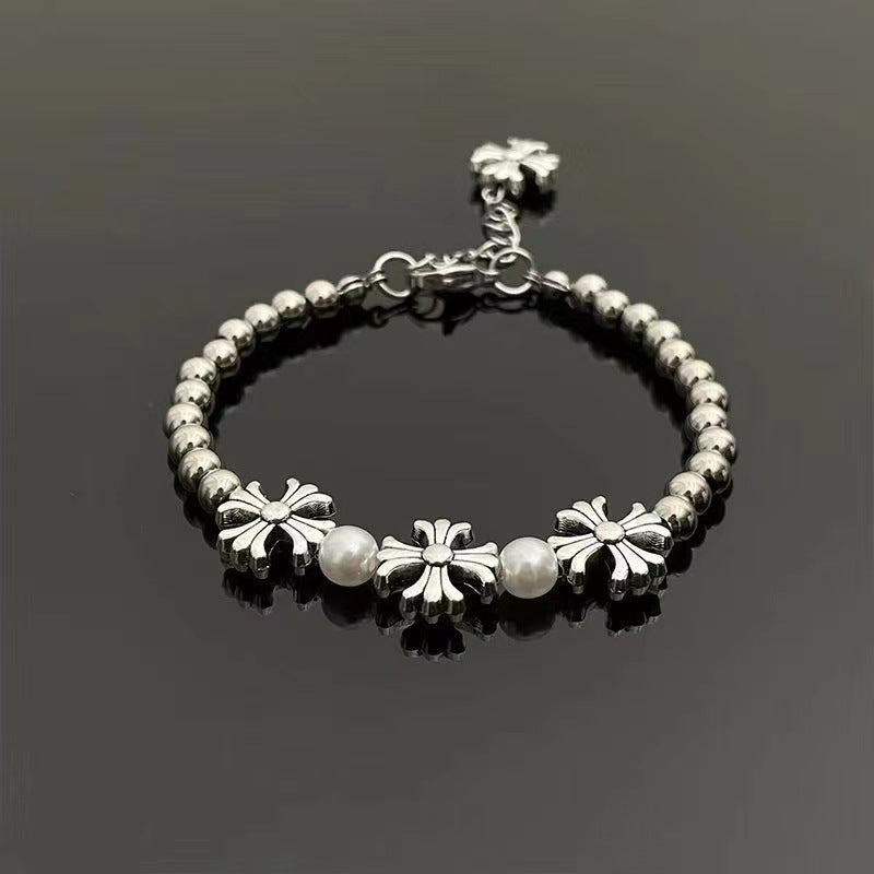 Wholesale Vintage Hip Hop Broken Silver Cross Flower Bracelet