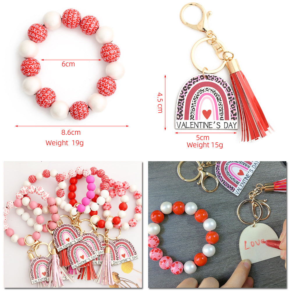 Wholesale  Valentine' s Day  Love Wooden Bead Bracelet Wristlet Keychain