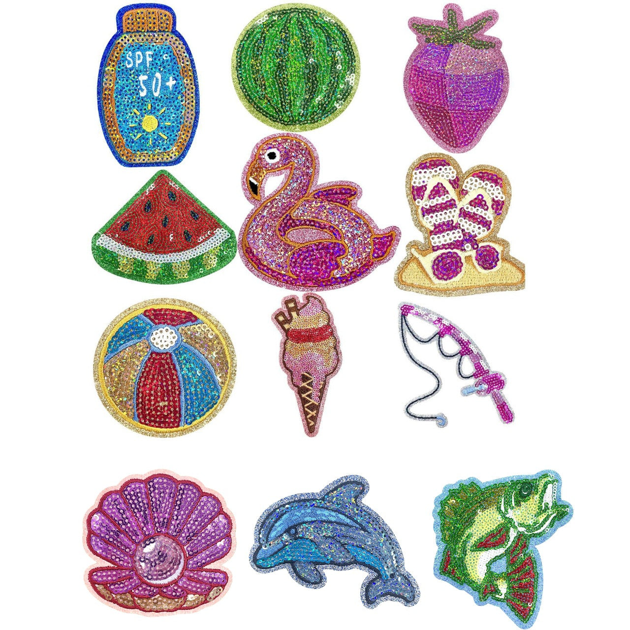 Wholesale 9 Piece Summer Beach Embroidered Patch Set With Sequins Iron On DIY Watermelon Swim Ring Ice Cream Fishing Sunscreen Patches For Chic Style