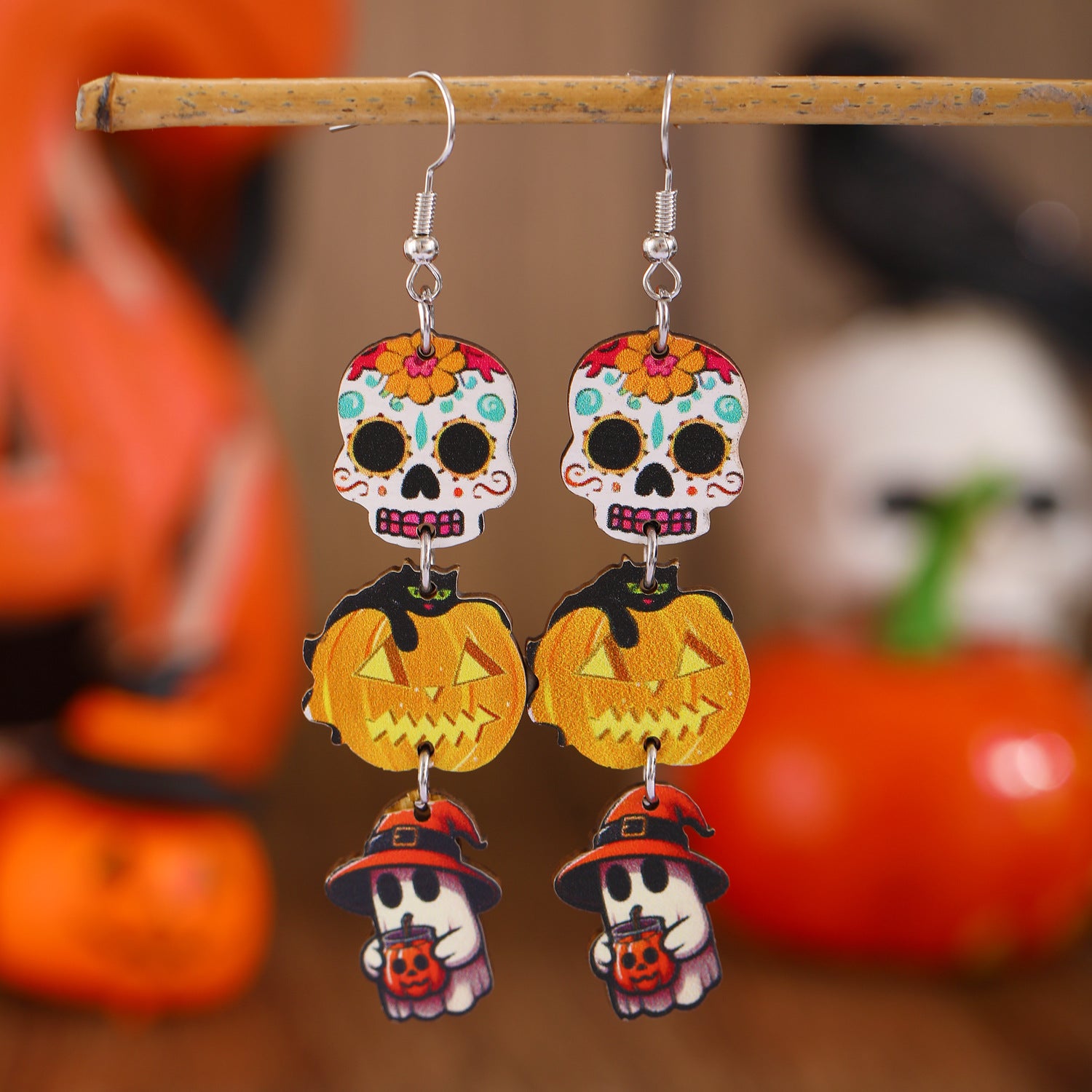 Wholesale Halloween Printed Colorful Pumpkin Skull Ghost Gift Creative Splicing Wooden Earrings