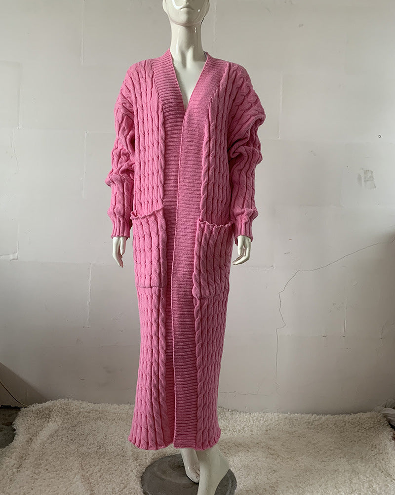 Wholesale Long Knitted Sweater Jacket Cardigan Pocket Long Sweater Thickened Jacket