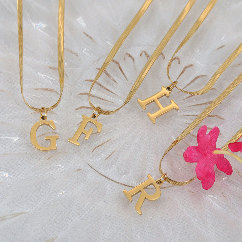 Wholesale Titanium Steel Gold Plated 26 English Letters Snake Bone Flat Necklace