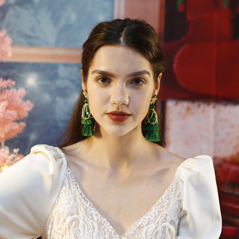 Wholesale Ethnic Style Tassel Christmas Earrings Rice Beads Five-pointed Star Hand-woven Earrings