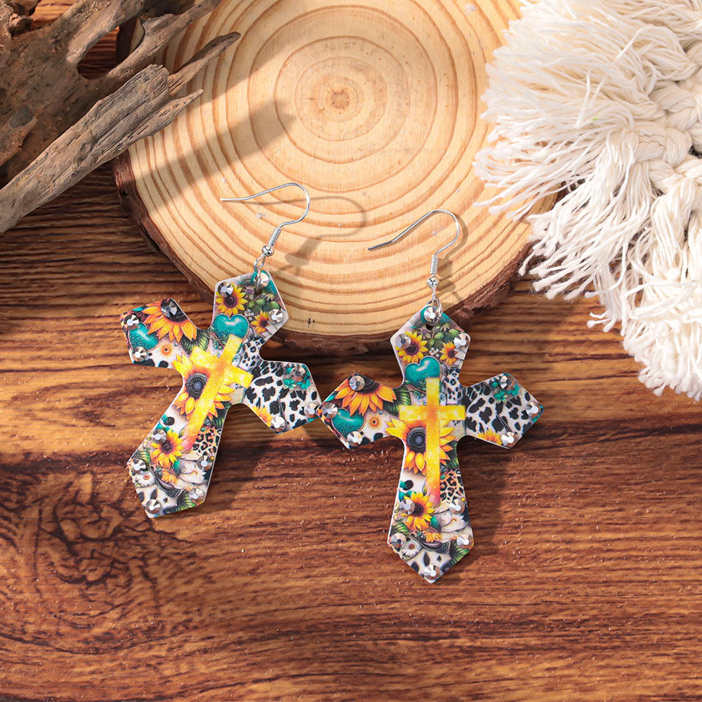 Wholesale Western-style colorful rhinestone cross earrings