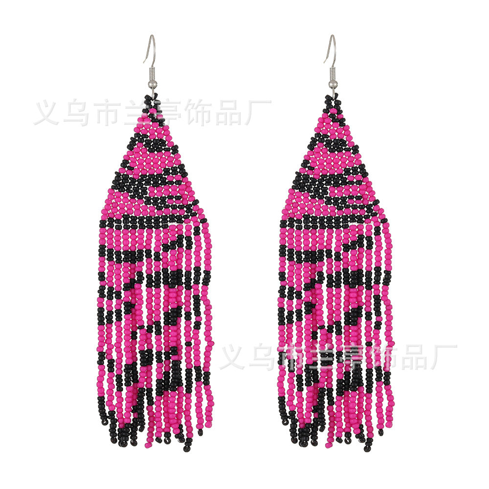 Wholesale Leopard Grain Rice Bead Tassels Hand Woven Earrings