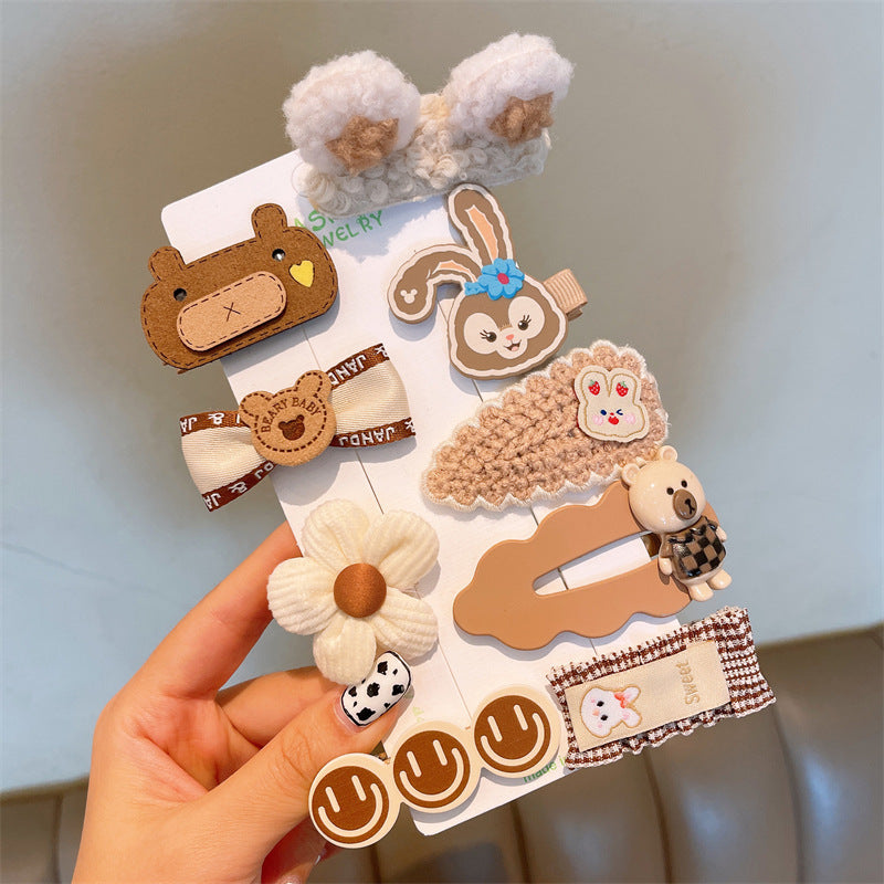 Wholesale Multi Piece Set Autumn and Winter Plush Hair Clip, Children's Coffee Color Cute Forehead Bangs Hair Clip