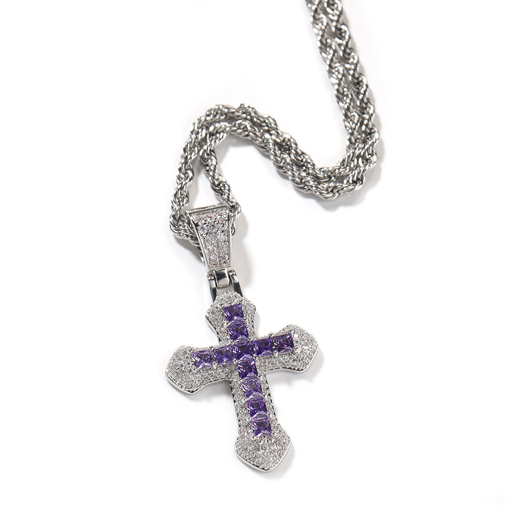 Wholesale Blue zircon colorful cross pendant men' s necklace