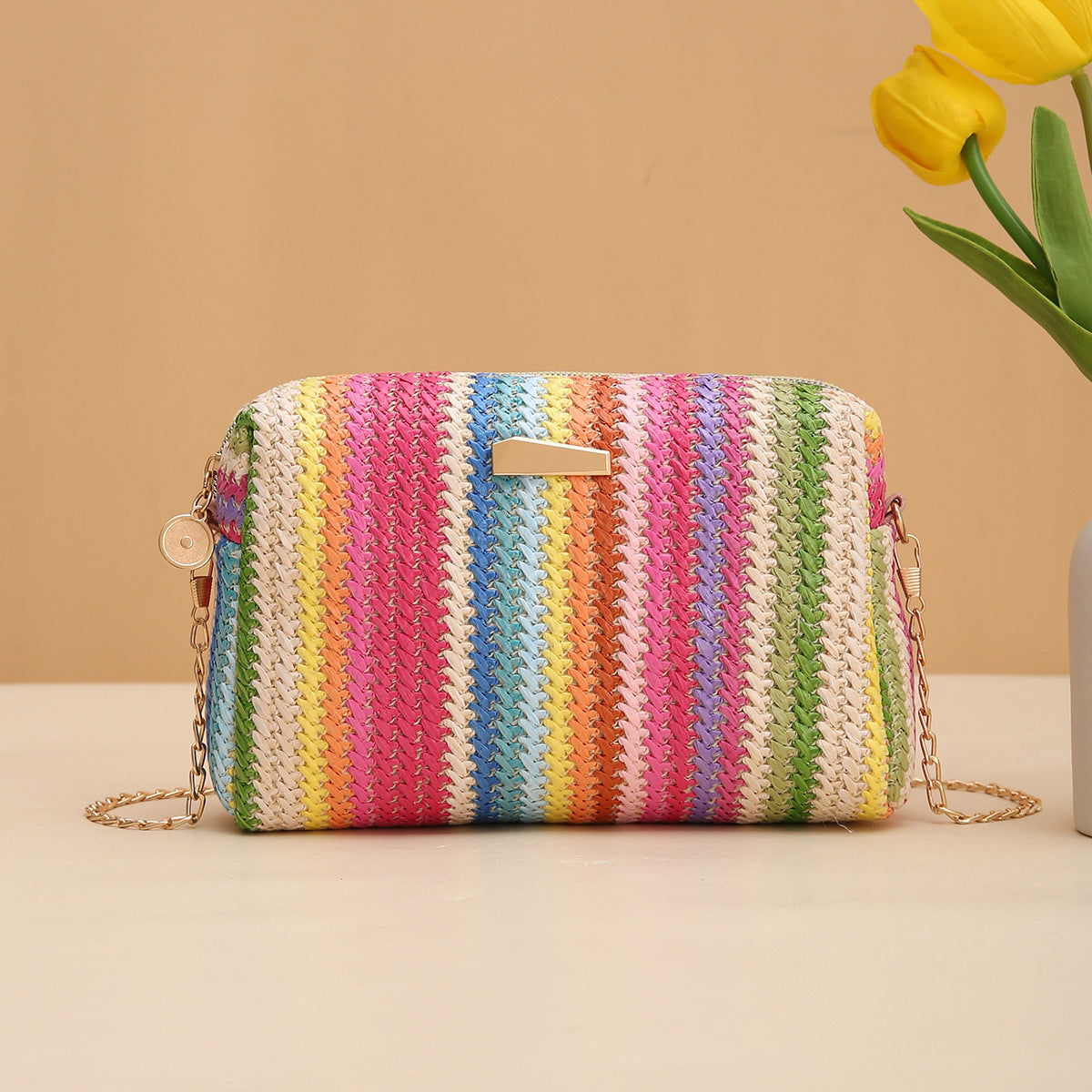 Wholesale Rainbow Straw Woven Camera Bag Crossbody Chain Bag