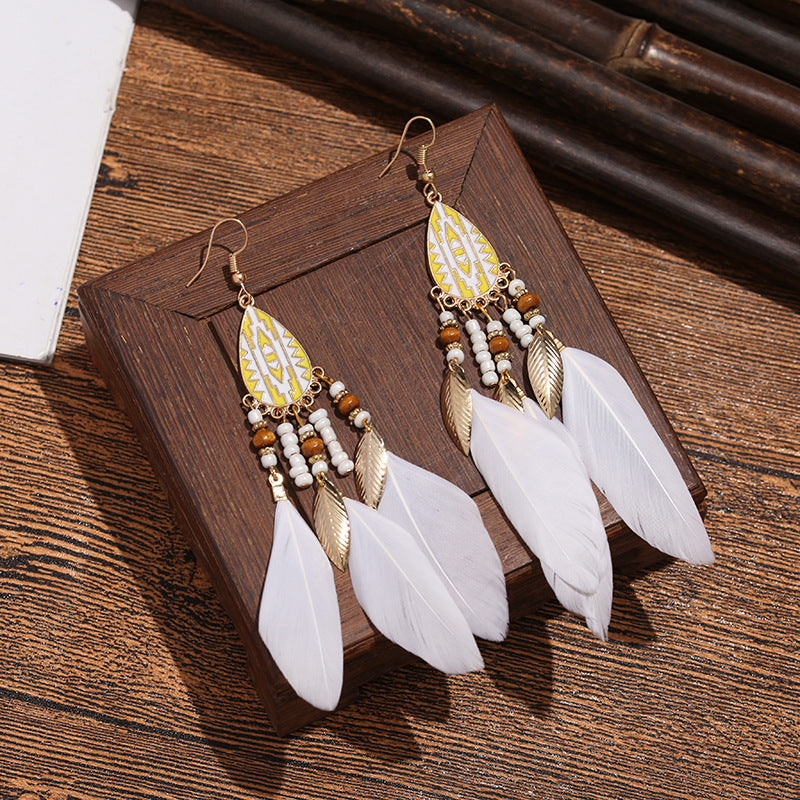 Wholesale Retro Pattern Long Rice Bead Tassel Earrings