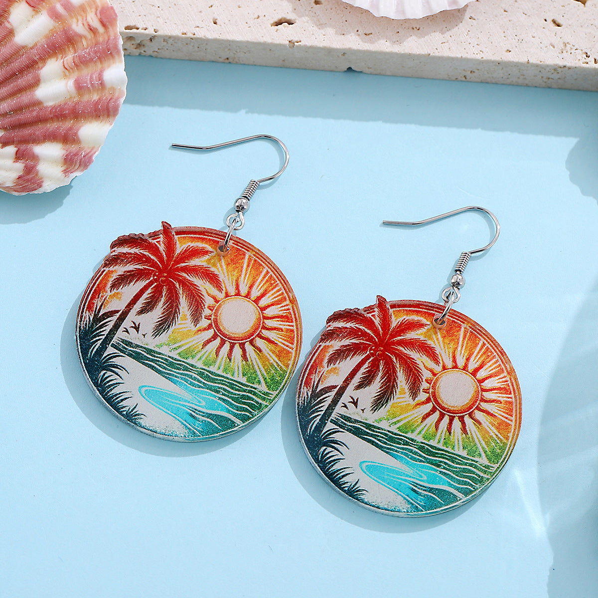 Wholesale New Holiday Style Colorful Tropical Palm Tree Coconut Tree Sun Acrylic Pendant Earrings Beach Earrings