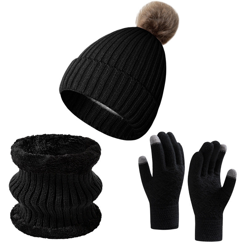 Wholesale Knitted Wool Warm Plus Velvet Thick Winter Scarf Gloves Hat Neck Three-piece Set