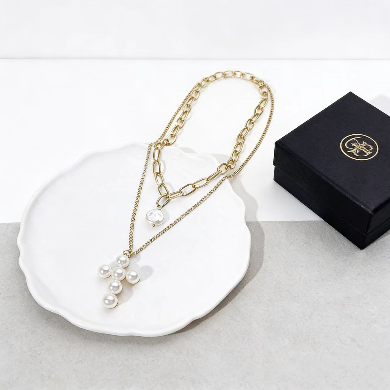 Wholesale Pearl Cross Multi layer Stacked Pendant Necklace