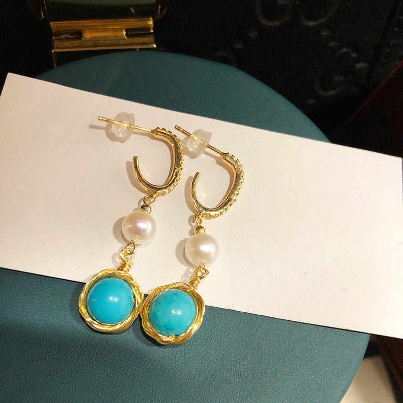 Wholesale Natural pearl hand wound turquoise long earrings